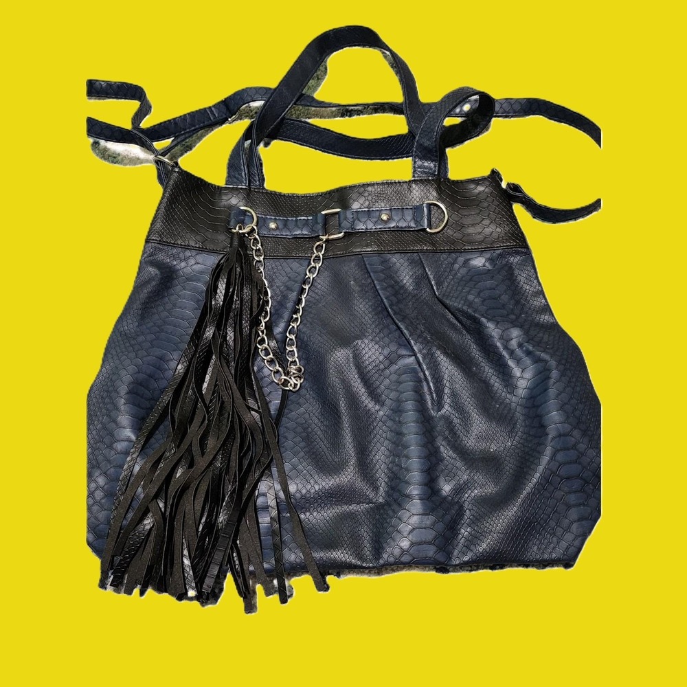 Giannini Navy Blue Black Faux Snakeskin Tassel Tote Hobo Bag Chain Detail
